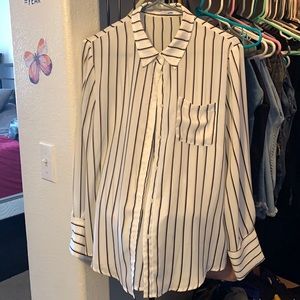 Women’s large button down blouse white with navy and tan stripes